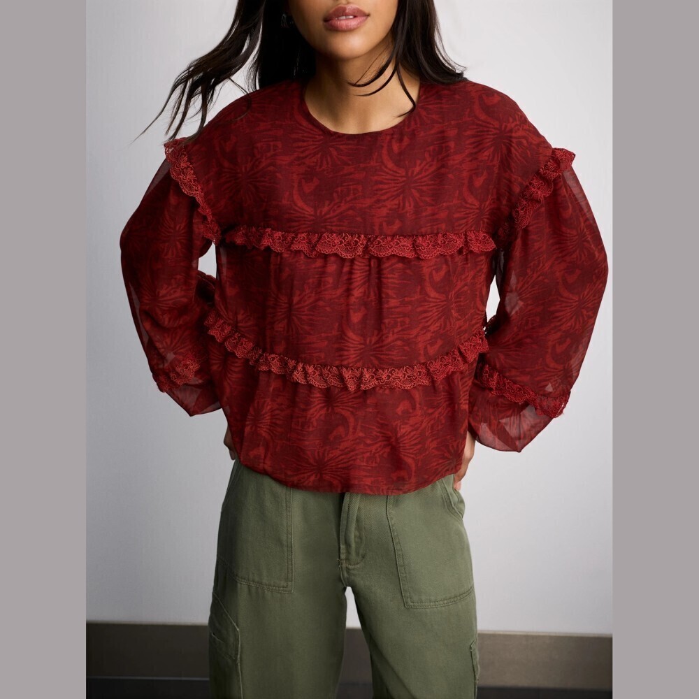 Burgundy Floral Lace Trim Tiered Ruffle Long Sleeve Blouse
